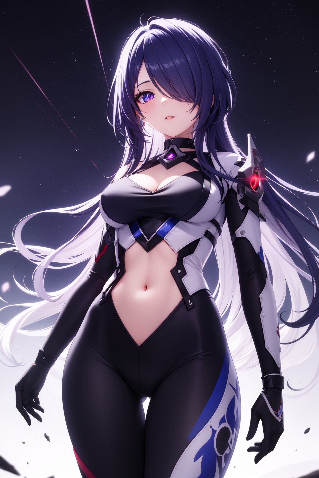 1girl, hair over one eye, long hair, standing, bodysuit, mecha suit, starry sky, looking at viewer, glowing eyes, skeptic look, futuristic