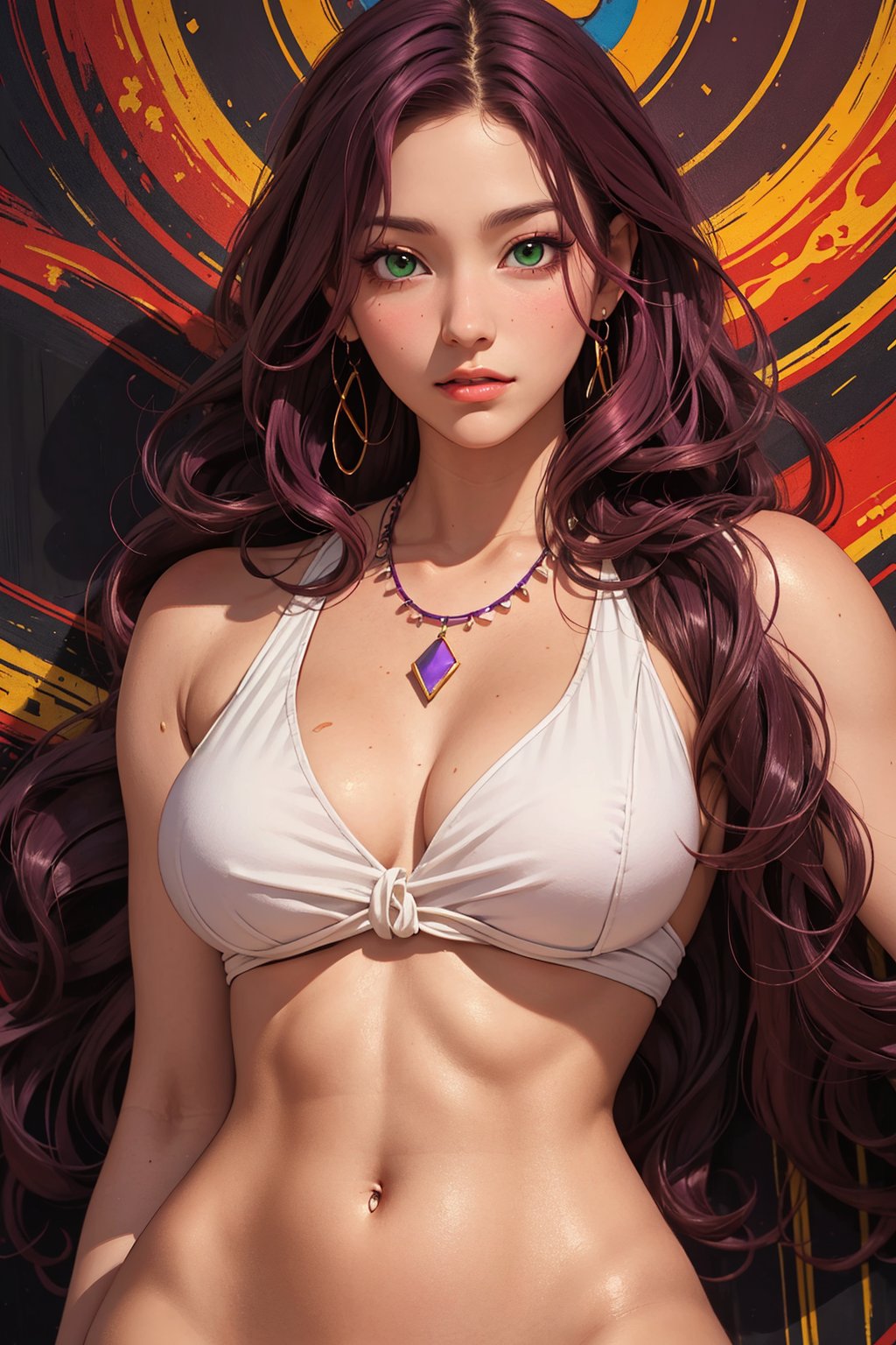 1girl, milf, solo, Kanako Kishi, oil painting, impasto, looking at viewer, a beautiful woman, 35 years old, ((long red purple wavy hair)),  green eyes, muscular figure, tribal necklace, urban psychedelic outfit, big breasts, wide hips, psychedelic  background, masterpiece, nijistyle, niji, ,sciamano240, soft shading, ,Kanako Kishi