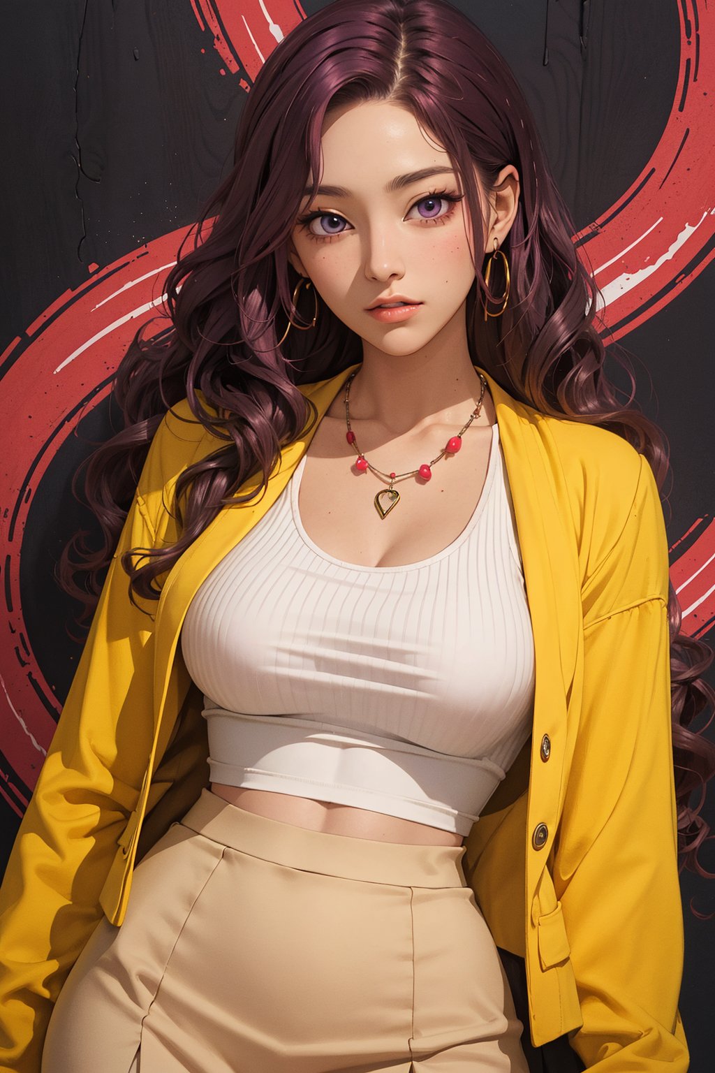 1girl, milf, solo, Kanako Kishi, oil painting, impasto, looking at viewer, a beautiful woman, 35 years old, ((long red_purple wavy hair)),  green eyes, muscular figure, tribal necklace, urban psychedelic outfit. beige jacket, white t-shirt, (black skirt). big breasts, wide hips, psychedelic  background, masterpiece, nijistyle, niji, ,sciamano240, soft shading, ,Kanako Kishi