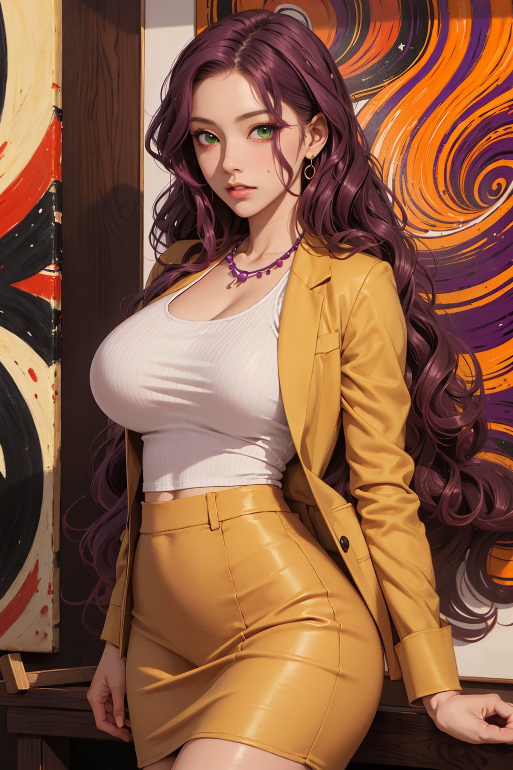 1girl, milf, solo, Kanako Kishi, oil painting, impasto, looking at viewer, a beautiful woman, 35 years old, ((long red_purple wavy hair)),  green eyes, muscular figure, tribal necklace, urban psychedelic outfit. beige jacket, white t-shirt, black skirt. big breasts, wide hips, psychedelic  background, masterpiece, nijistyle, niji, ,sciamano240, soft shading, ,Kanako Kishi