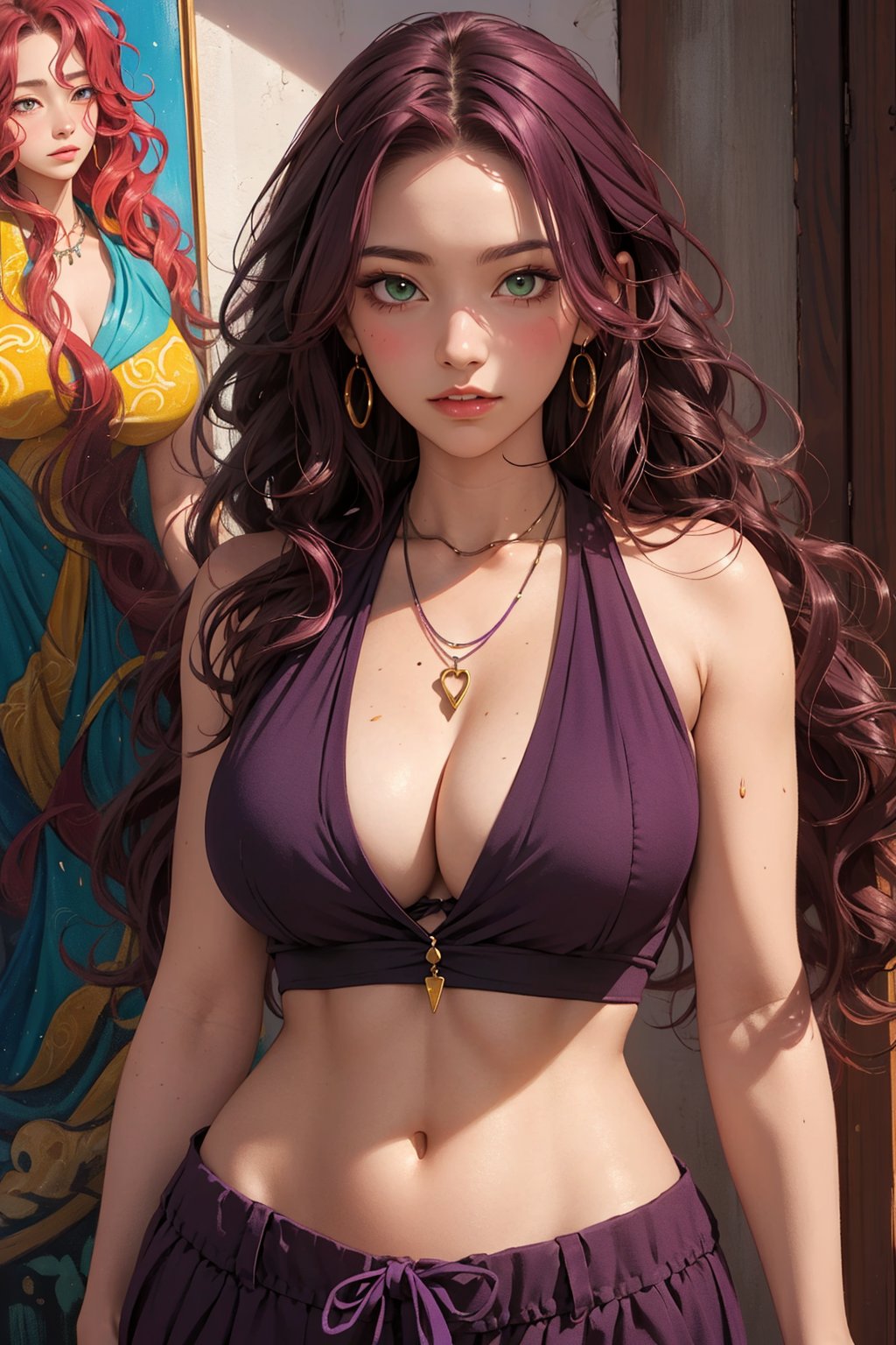 1girl, milf, solo, Kanako Kishi, oil painting, impasto, looking at viewer, a beautiful woman, 35 years old, ((long red_purple wavy hair)),  green eyes, muscular figure, tribal necklace, urban psychedelic outfit, big breasts, wide hips, psychedelic  background, masterpiece, nijistyle, niji, ,sciamano240, soft shading, ,Kanako Kishi