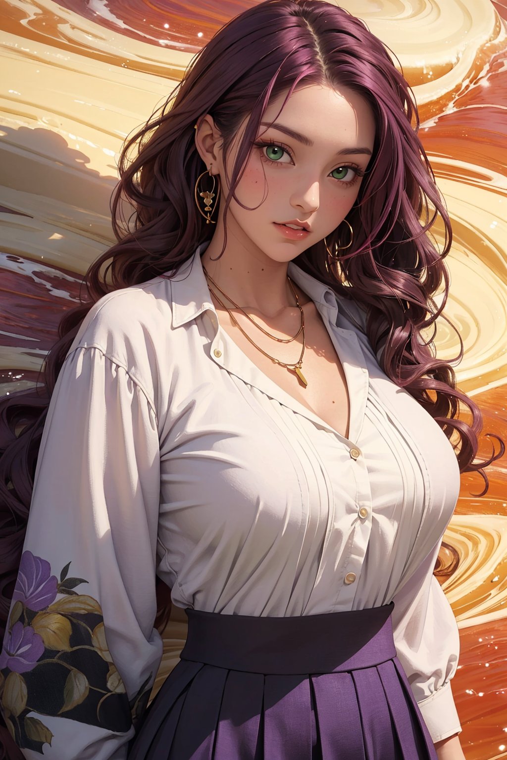 1girl, milf, solo, Kanako Kishi, oil painting, impasto, looking at viewer, a beautiful woman, 35 years old, ((long red_purple wavy hair)),  green eyes, muscular figure, tribal necklace, urban psychedelic outfit. beige jacket, white t-shirt, (black skirt). big breasts, wide hips, psychedelic  background, masterpiece, nijistyle, niji, ,sciamano240, soft shading, ,Kanako Kishi