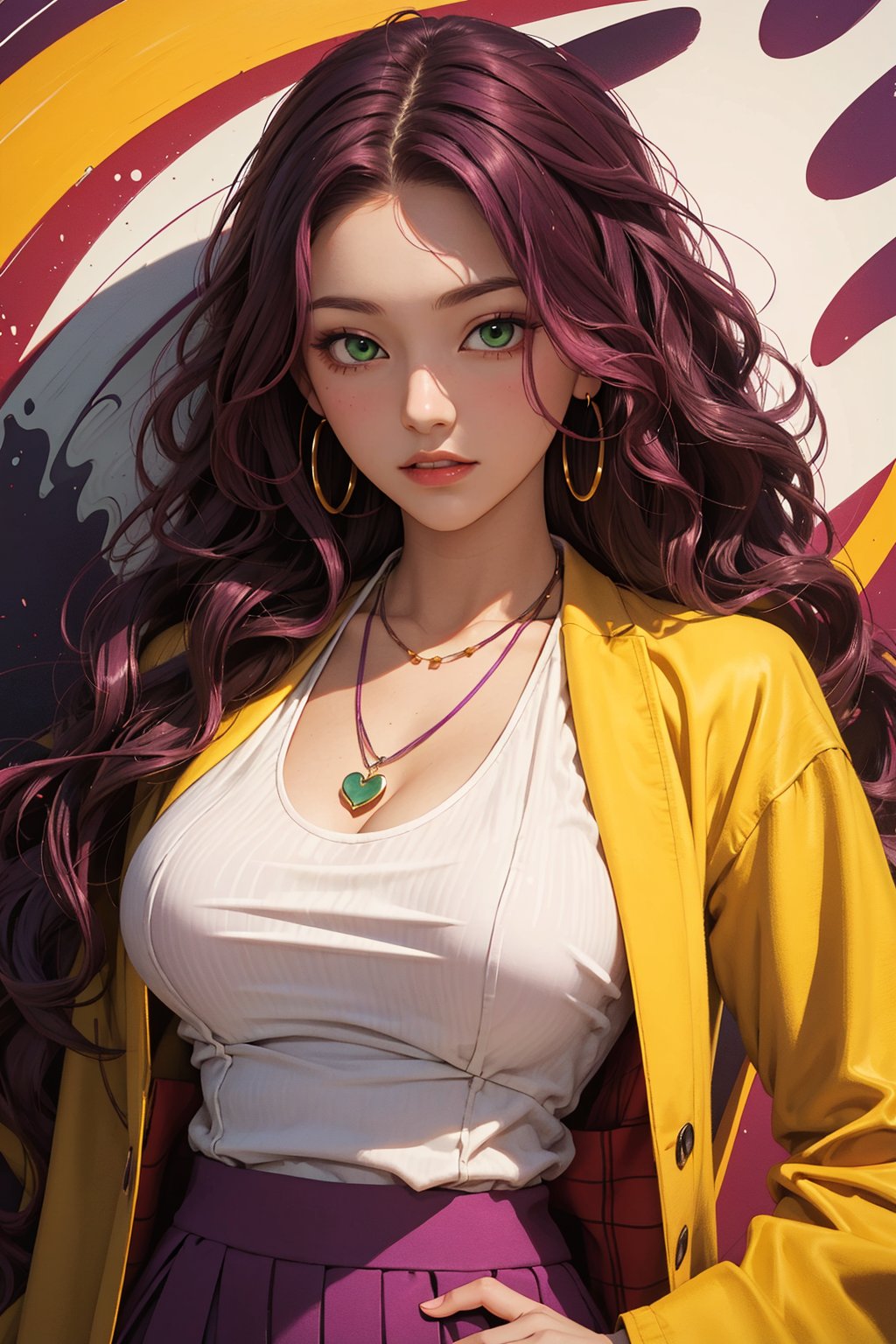 1girl, milf, solo, Kanako Kishi, oil painting, impasto, looking at viewer, a beautiful woman, 35 years old, ((long red_purple wavy hair)),  green eyes, muscular figure, tribal necklace, urban psychedelic outfit. beige jacket, white t-shirt, black skirt. big breasts, wide hips, psychedelic  background, masterpiece, nijistyle, niji, ,sciamano240, soft shading, ,Kanako Kishi