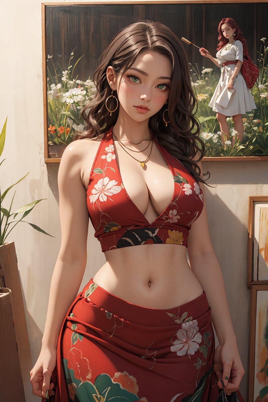 1girl, milf, solo, Kanako Kishi, oil painting, impasto, looking at viewer, a beautiful woman, 35 years old, long red purple wavy hair,  green eyes, muscular figure, tribal necklace, urban psychedelic outfit, big breasts, wide hips, psychedelic  background, masterpiece, nijistyle, niji, ,sciamano240, soft shading, ,Kanako Kishi