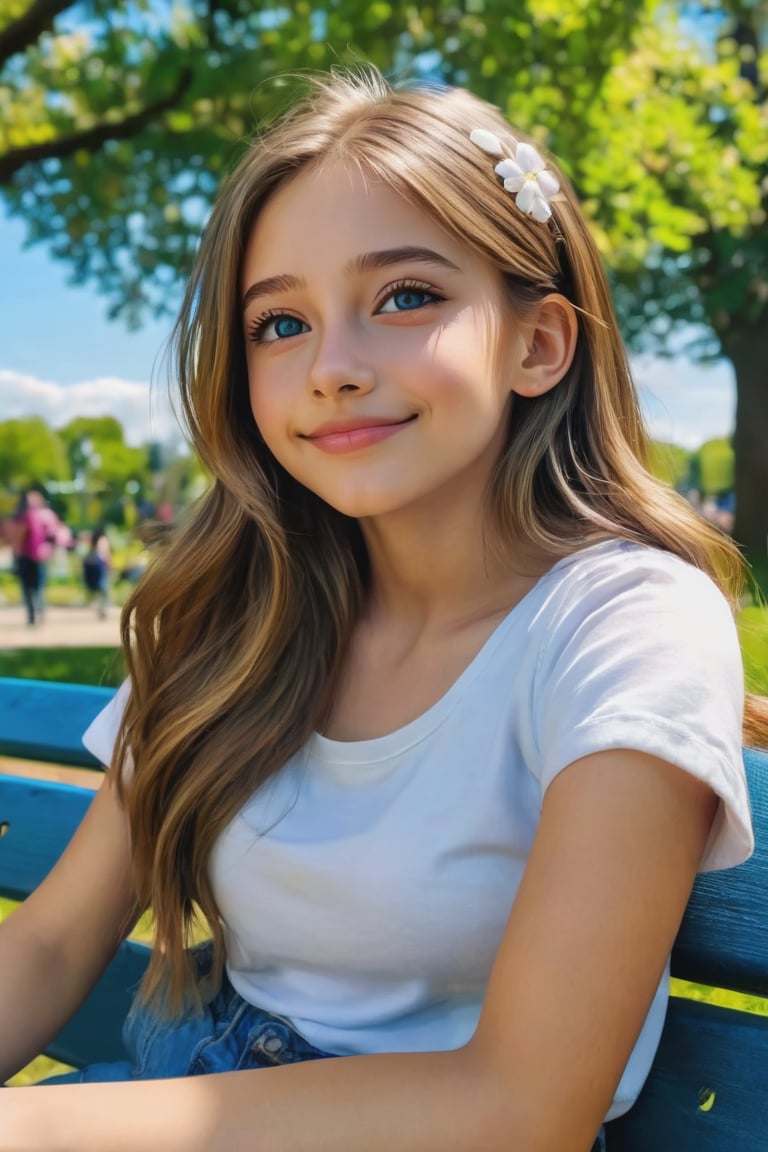 1 girl, Amazing face and eyes, (amazingly beautiful girl),girl A long RANDOM hair, image hyperealism, (masterpiece, best quality, photorealistic, 8k raw photo), light smile colorful, highest detailed, (sitting on the bench in the park), random hairstyle, with blue skies viewed ,REALISTIC