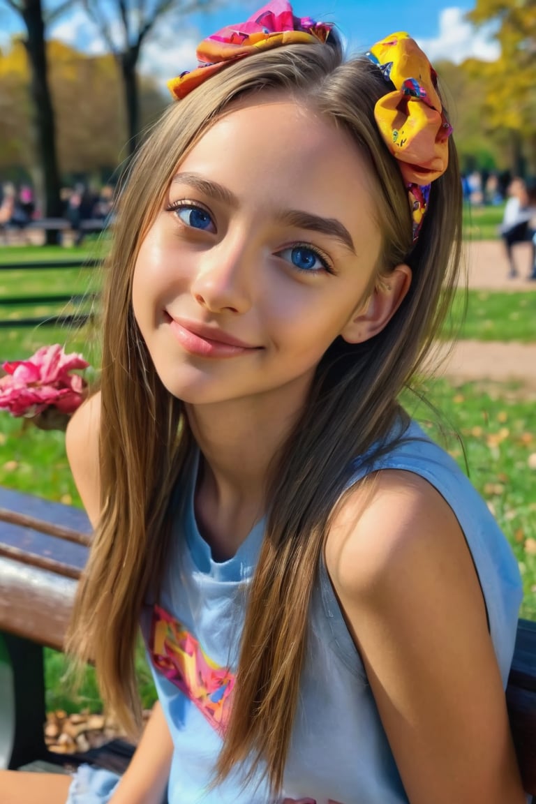 1 girl, Amazing face and eyes, (amazingly beautiful girl),girl A long RANDOM hair, image hyperealism, (masterpiece, best quality, photorealistic, 8k raw photo), light smile colorful, highest detailed, (sitting on the bench in the park), random hairstyle, with blue skies viewed ,REALISTIC