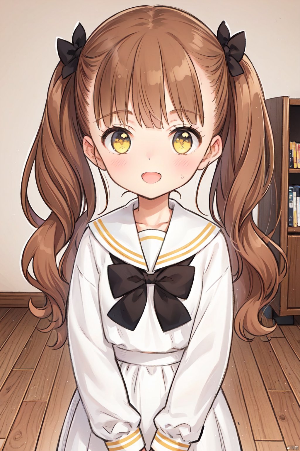 1girl, brown hair, twintails,pov, looking at viewer, yellow eyes, bow, hair bow, black bow, bangs, long sleeves, sailor collar, school uniform, solo focus, blush, shirt, long hair, wooden floor, white shirt, white sailor collar,serafuku, blunt bangs, indoors, heart,smile