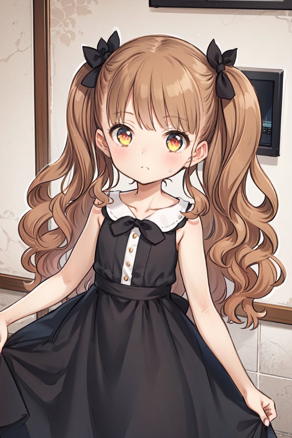 1girl, solo, long hair, looking at viewer, blush, bangs, blonde hair, hair ornament, red eyes, dress, bow, bare shoulders, very long hair, closed mouth, collarbone, hair bow, sleeveless, indoors, virtual youtuber, off shoulder, nail polish, black dress, two side up, parted bangs, bare arms, black bow, sleeveless dress, strap slip,loli,