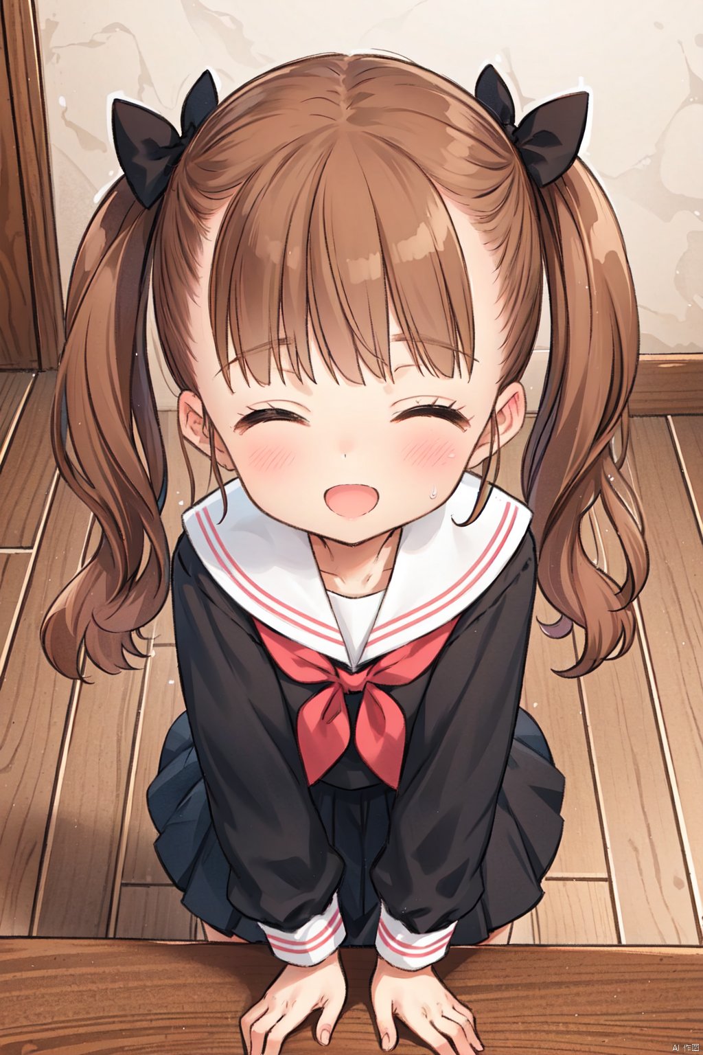  1girl, closed eyes, twintails, brown hair, open mouth, bow, hair bow, solo focus, blush, black bow, school uniform, bangs, pov, white sailor collar, long sleeves, handjob, smile, wooden floor, sailor collar, serafuku, loli