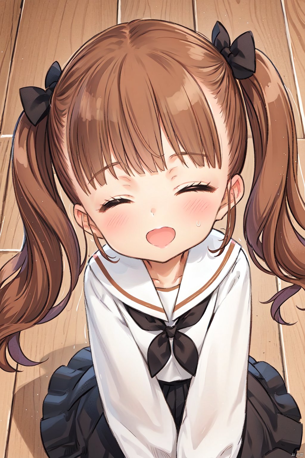 1girl, closed eyes, twintails, brown hair, open mouth, bow, hair bow, solo focus, blush, black bow, school uniform, bangs, pov, white sailor collar, long sleeves, handjob, smile, wooden floor, sailor collar, serafuku, loli