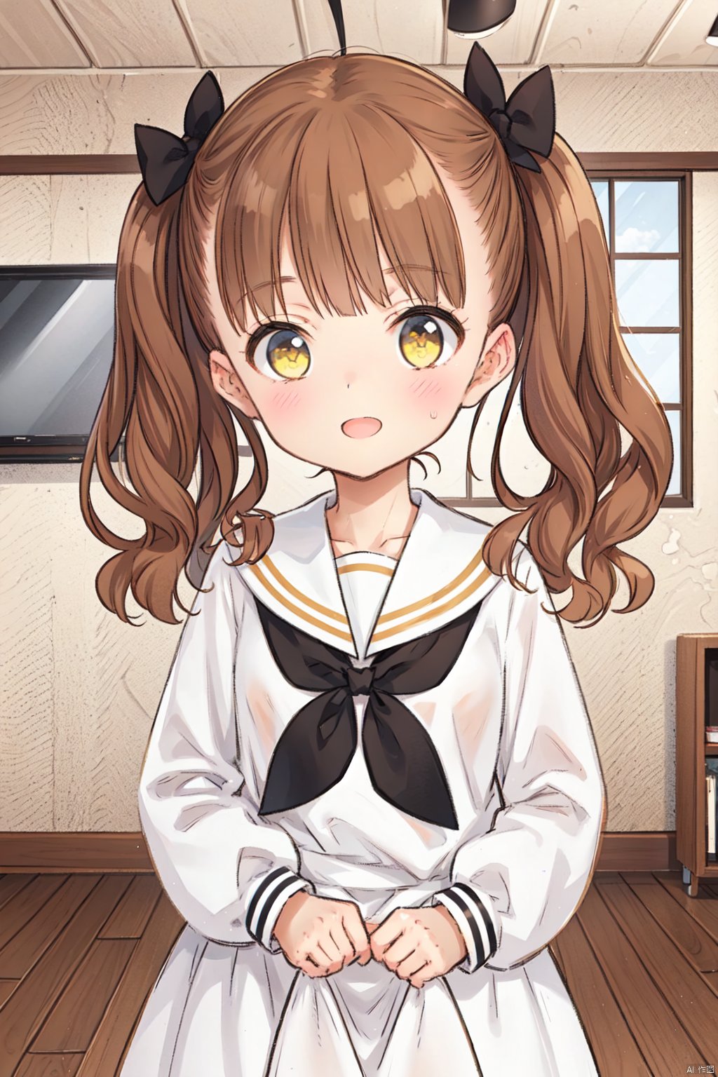 1girl,  brown hair, twintails,pov, looking at viewer, yellow eyes, bow, hair bow, black bow, bangs, long sleeves,  sailor collar, school uniform, solo focus, blush, shirt, long hair, wooden floor, white shirt, white sailor collar,serafuku, blunt bangs, indoors, heart,smile