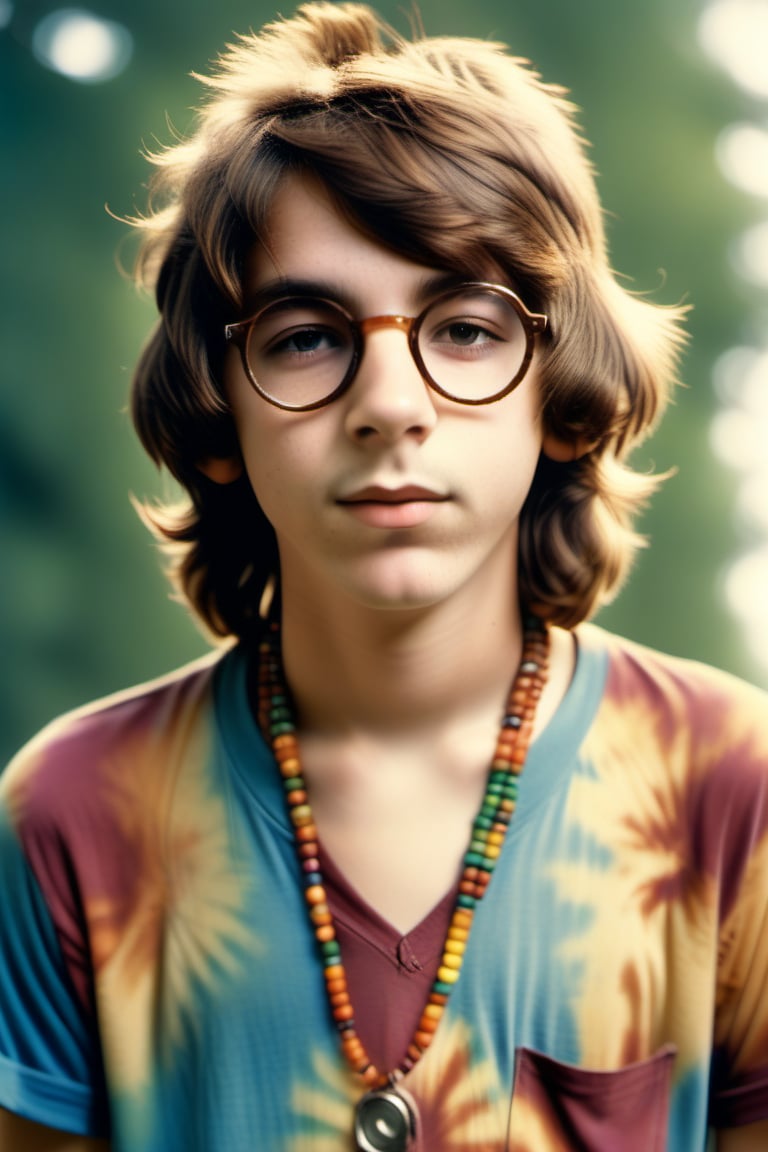 Imagine a teenage boy dressed in the iconic bohemian style of the 1960's and 1970's. He should be wearing brightly colored tie-dye shirts, bead necklaces, headbands, and round glasses. His face should be perfectly recognizable. Add realistic and meticulous details to capture the essence of the hippie movement. The image quality should evoke the vintage charm of polaroid photographs, with a slight fade on the edges, warm shades, and a grainy texture to accentuate the nostalgic feel.