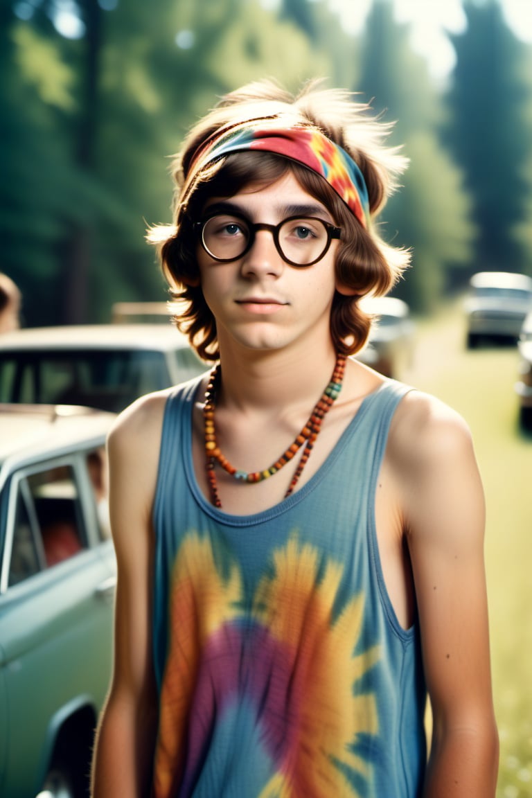 Imagine a teenage boy dressed in the iconic bohemian style of the 1960's and 1970's. He should be wearing brightly colored tie-dye shirts, bead necklaces, headbands, and round glasses. His face should be perfectly recognizable. Add realistic and meticulous details to capture the essence of the hippie movement. The image quality should evoke the vintage charm of polaroid photographs, with a slight fade on the edges, warm shades, and a grainy texture to accentuate the nostalgic feel.