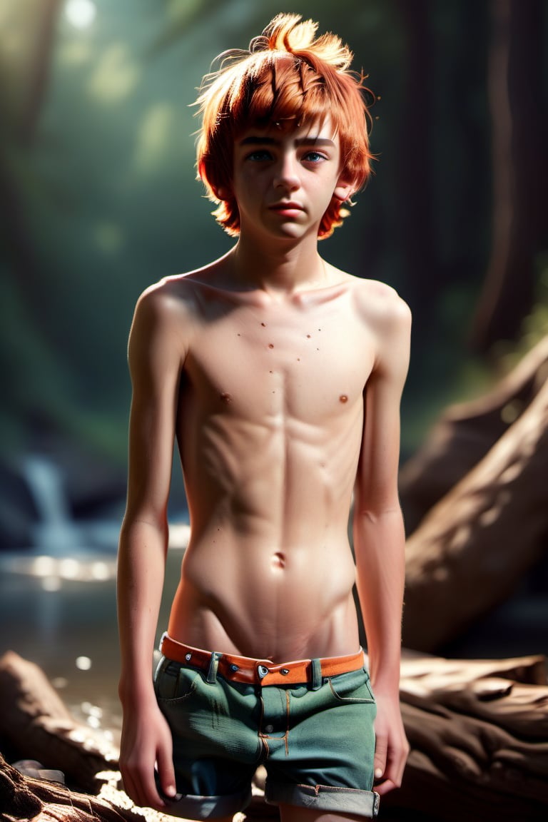 (((cute boy, 1boy, friends, full_body))), vibrant colors, masterpiece, sharp focus, best quality, depth of field, cinematic lighting, ((solo, one man )), (illustration, 8k CG, extremely detailed), masterpiece, ultra-detailed, (masterpiece), best quality, high resolution, highly detailed, detailed background, cinematic light, one male, ( disheveled hair), (no hair on face),green eyes, short hair, shirtless, blue Jean shorts, orange hair highlights, full_body