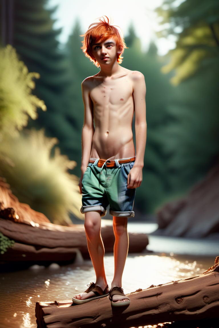 (((cute boy, 1boy, friends, full_body))), vibrant colors, masterpiece, sharp focus, best quality, depth of field, cinematic lighting, ((solo, one man )), (illustration, 8k CG, extremely detailed), masterpiece, ultra-detailed, (masterpiece), best quality, high resolution, highly detailed, detailed background, cinematic light, one male, ( disheveled hair), (no hair on face),green eyes, short hair, shirtless, blue Jean shorts, orange hair highlights, full_body