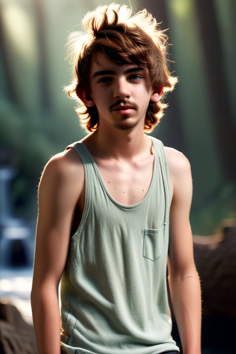 Intricate beautiful 18yo male, seductive, full body, tank top, detailed hair, detailed eyes, light facial hair