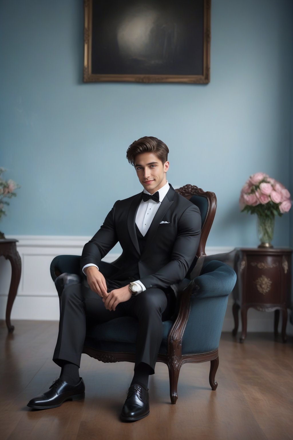 imagine the following surreal scene A completely white and empty room. A beautiful man sitting in the center. The man is Italian, 25 years old, muscular, very large, and has bright light blue eyes, long eyelashes, and full and pink lips. Dark brown hair, short hair, gelled hair. The man is sitting in an antique black chair. With legs crossed. The man wears a black tuxedo and black dress shoes. Very serious and masculine. There is a contrast between the white of the room and the black of the suit. The image is beautiful and represents the masculinity and seriousness of the man. Many details. Beautiful image., Handsome boy