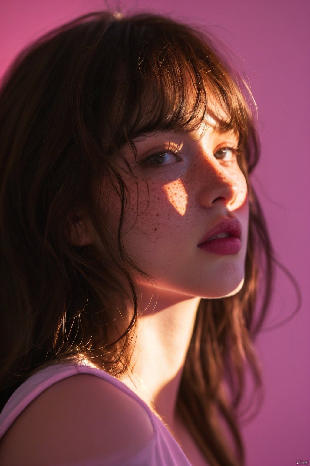 1girl, pink background, portrait (object), light and shadow, freckles, depth of field, long hair, shut up, facing the audience