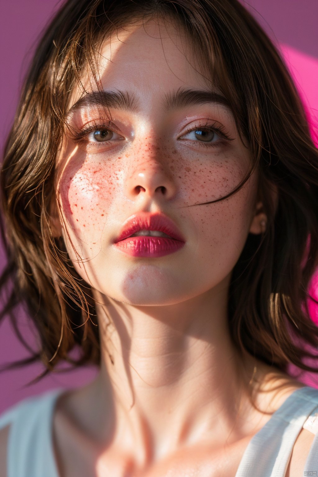 1girl, pink background, portrait (object), light and shadow, freckles, depth of field,