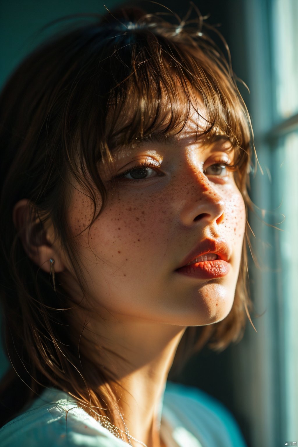 1girl,solo focus,hime cut,portrait (object),backlighting,dark background,freckles,