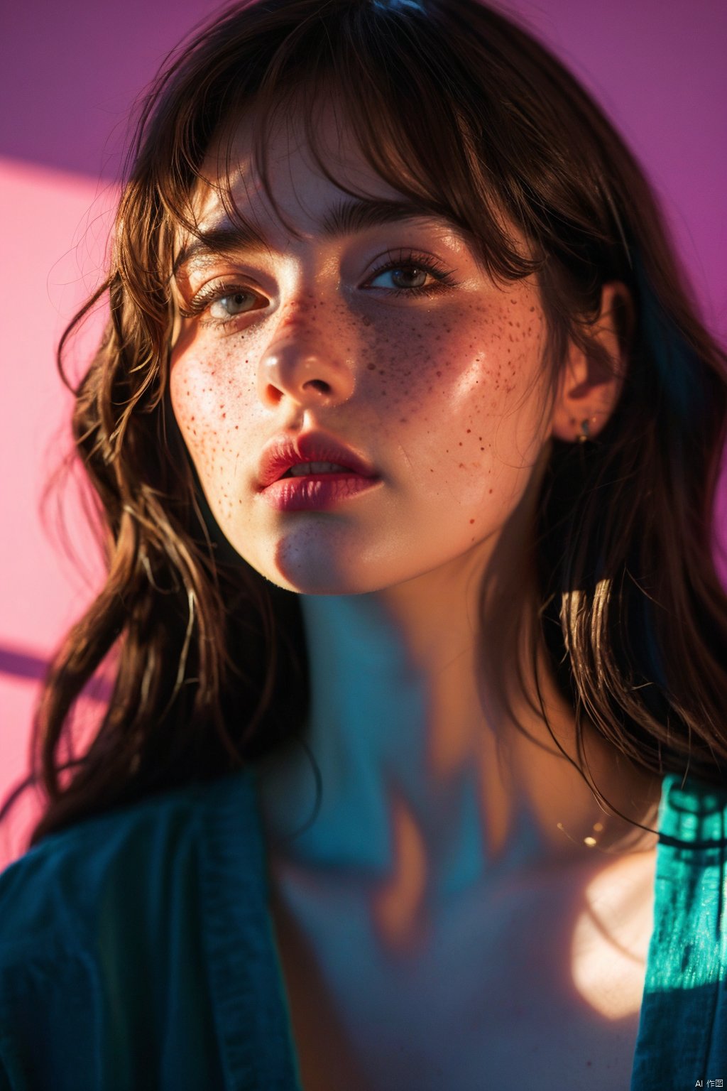 1girl, pink background, portrait (object), light and shadow, freckles, depth of field, long hair, shut up, facing the audience