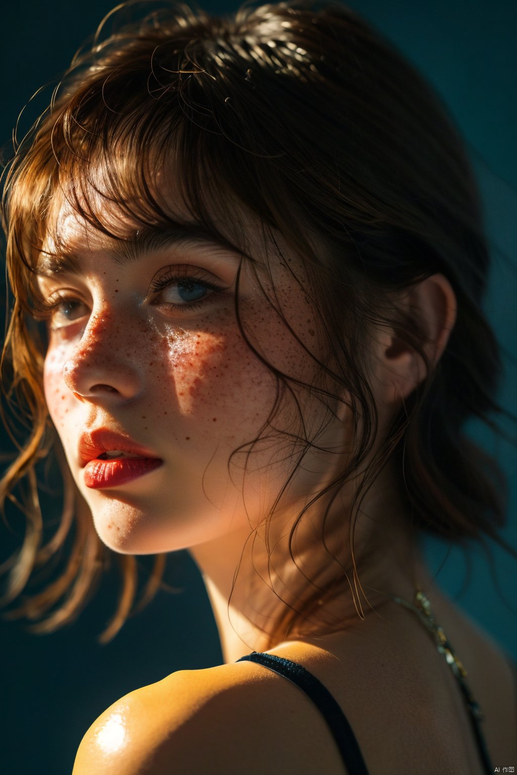 1girl,solo focus,hime cut,portrait (object),backlighting,dark background,freckles,