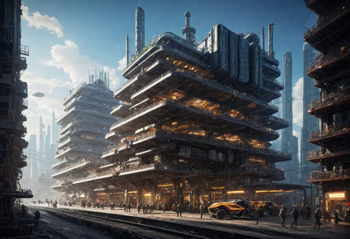 The complex cyberpunk machinery factory is manufacturing future colonial spaceships.,industrialbuilding, factory, iron sheet, cable, truss, steel_structure, wire, pipe, machine, antenna, instrument, equipment, stairs, railing, railway_rails, storage_barrels, oil_tanks, crane, The imagination of future cities, future buildings, future streets, future vehicles, future mass transportation, future pedestrians,Futurism, rich light and shadow, scifi, realistic,,futuresurbaneasynegative, BadDream, great lighting, clear, industrialbuilding, frames, futuresurban