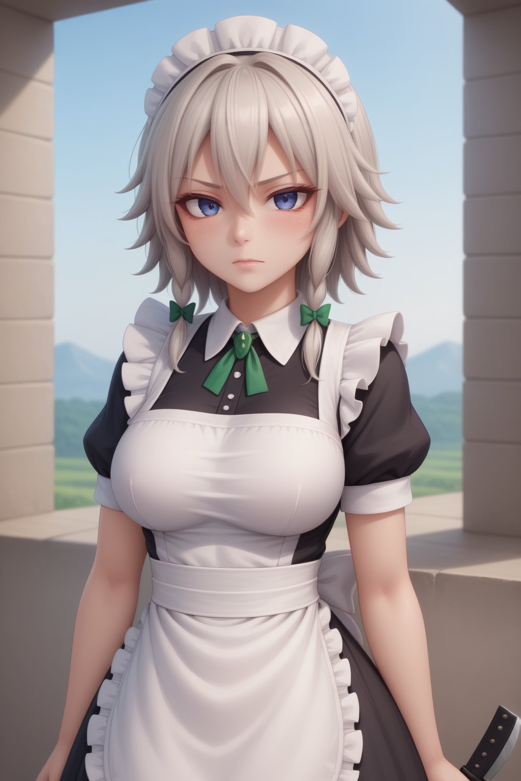 1girl, izayoi sakuya, touhou, solo, maid headdress, maid, apron, short sleeves, dress, closed mouth, white apron, looking at viewer, maid apron, puffy short sleeves, frills, puffy sleeves, black dress, frilled apron, hair between eyes, outdoors, blush, throwing knives, knives, serious face, upper body, masterpiece, best quality, very aesthetic, absurdres,<lora:659095807385103906:1.0>
