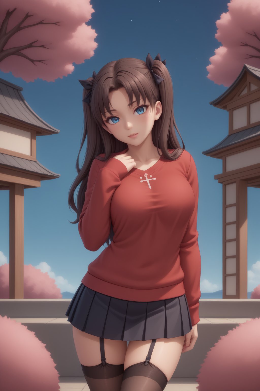 rin_tohsaka, tohsaka rin, dark hair, long hair, black hair, two side up, twin-tails, , EPfsnRin
BREAK
sweater, long sleeves, red sweater
BREAK
thighhighs, garter straps, zettai ryouiki, (black pleated skirt)
BREAK
beautiful jewel-like blue eyes, perfectly detailed anime eyes
BREAK
, wrenchwhispersofzen, black background, red theme, tree, leaf, flowers, east asian architecture, space, stars, galaxies,<lora:659095807385103906:1.0>