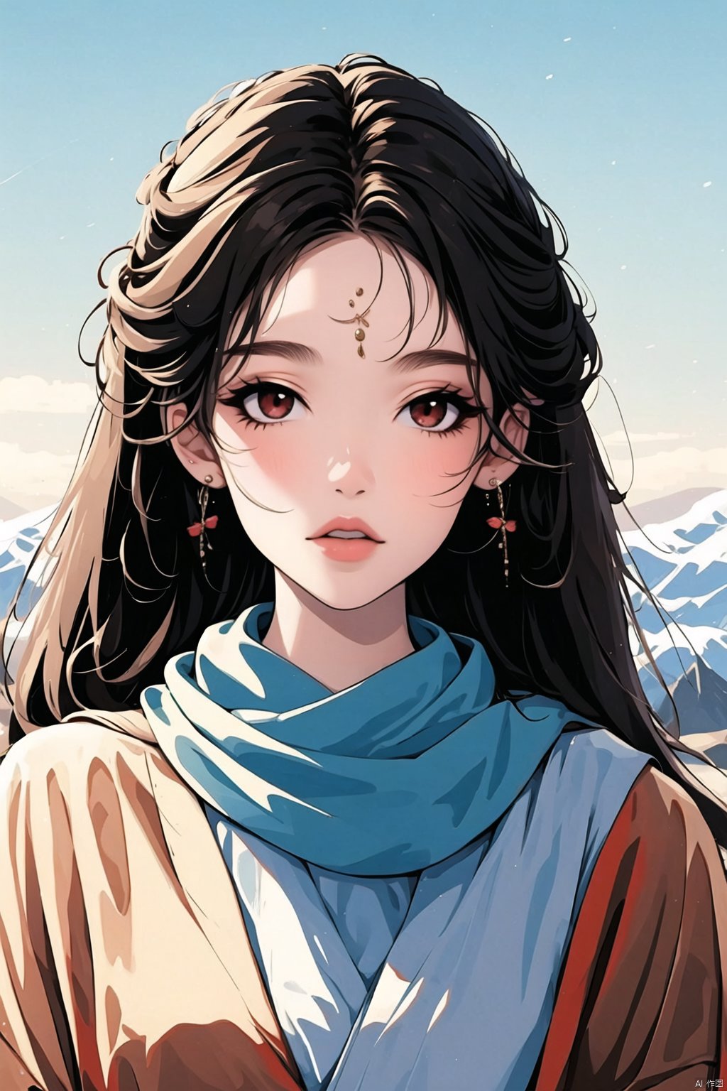 
1girl,solo,long hair,looking at viewer,brown hair,black hair,hair ornament,brown eyes,jewelry,upper body,flower,earrings,outdoors,sky,scarf,blurry background,facial mark,chinese clothes,mountain,forehead mark, jijianchahua