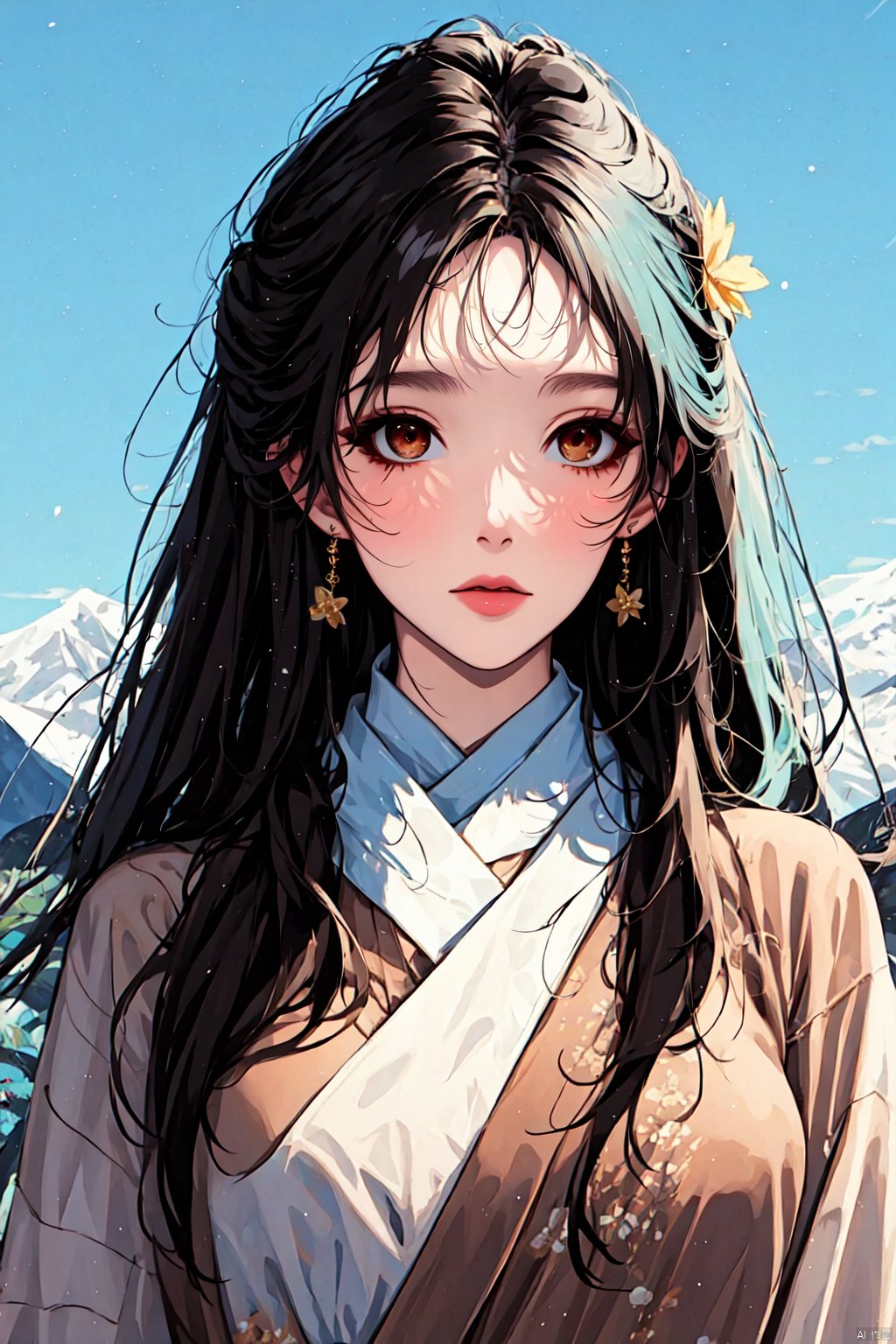 
1girl,solo,long hair,looking at viewer,brown hair,black hair,hair ornament,brown eyes,jewelry,upper body,flower,earrings,outdoors,sky,scarf,blurry background,facial mark,chinese clothes,mountain,forehead mark, jijianchahua