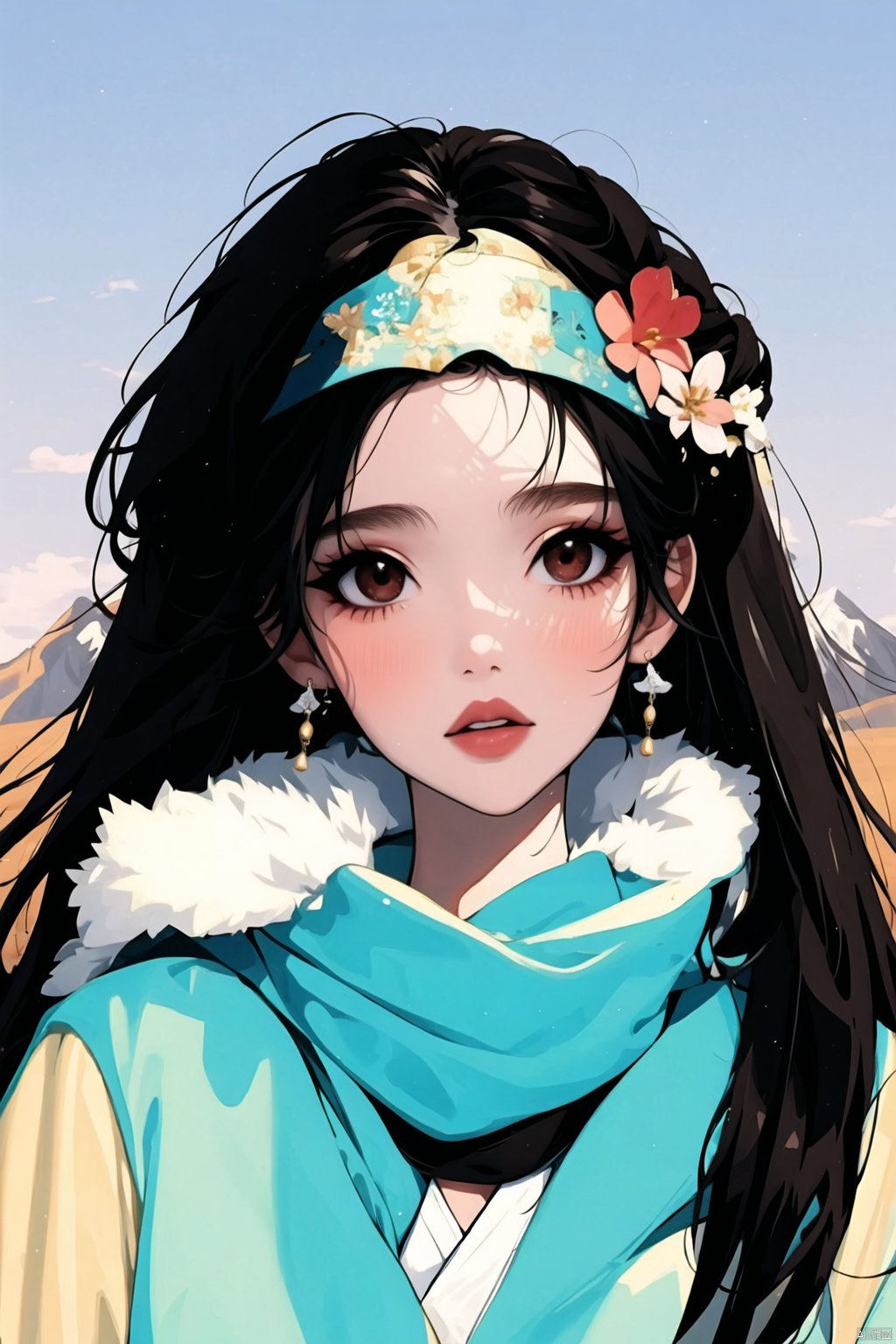 
1girl,solo,long hair,looking at viewer,brown hair,black hair,hair ornament,brown eyes,jewelry,upper body,flower,earrings,outdoors,sky,scarf,blurry background,facial mark,chinese clothes,mountain,forehead mark, jijianchahua