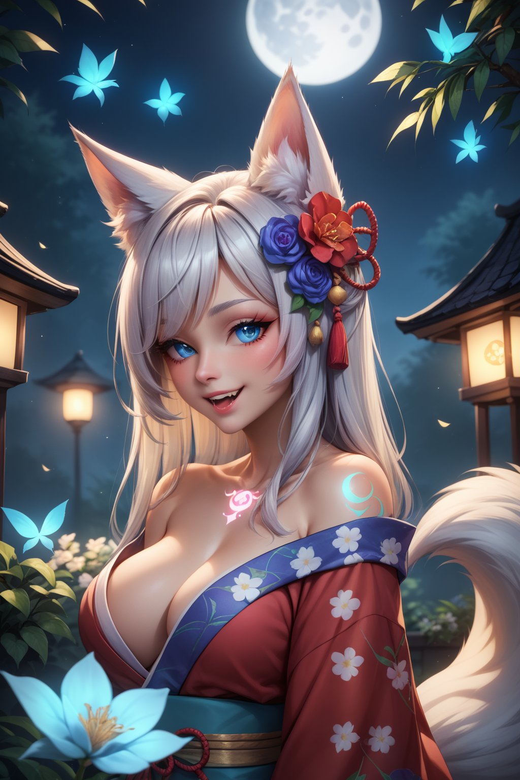 score_9, score_8_up, score_7_up,  score_9, score_8_up, score_7_up,   kitsune girl, floral kimono, exposed shoulders, beautiful face, thick eyelashes, glowing white eyes, fox ears, long flowy silver hair, cute smile, dark eyeshadow, glowing shoulders tattoos, glowing back tattoos, floral decoration in hair, night time, shinning moon, lit by moonlight, ambient lighting, fangs, long fluffy tail   