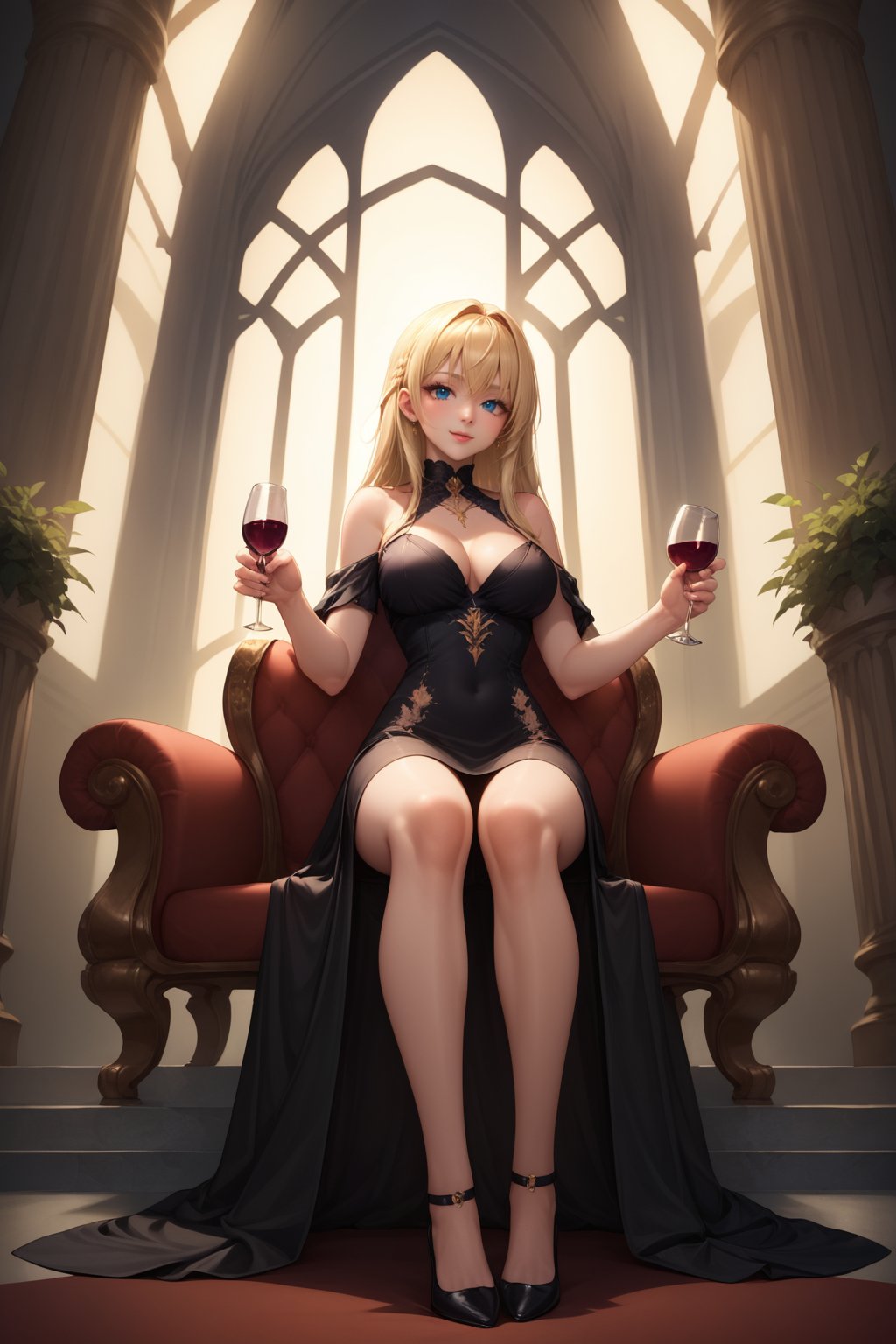 ASCII,score_9, score_8_up, score_7_up, 1girl, black dress, holding wineglass, sitting on a royla throne, throneroom, blonde hair, long hair, dusk, midnight, moonlight reflection, from below, air of superiority   , expressiveH , 43stl1ght1ng, low light, dramatic lighting, darkness, (smoke:0.7)