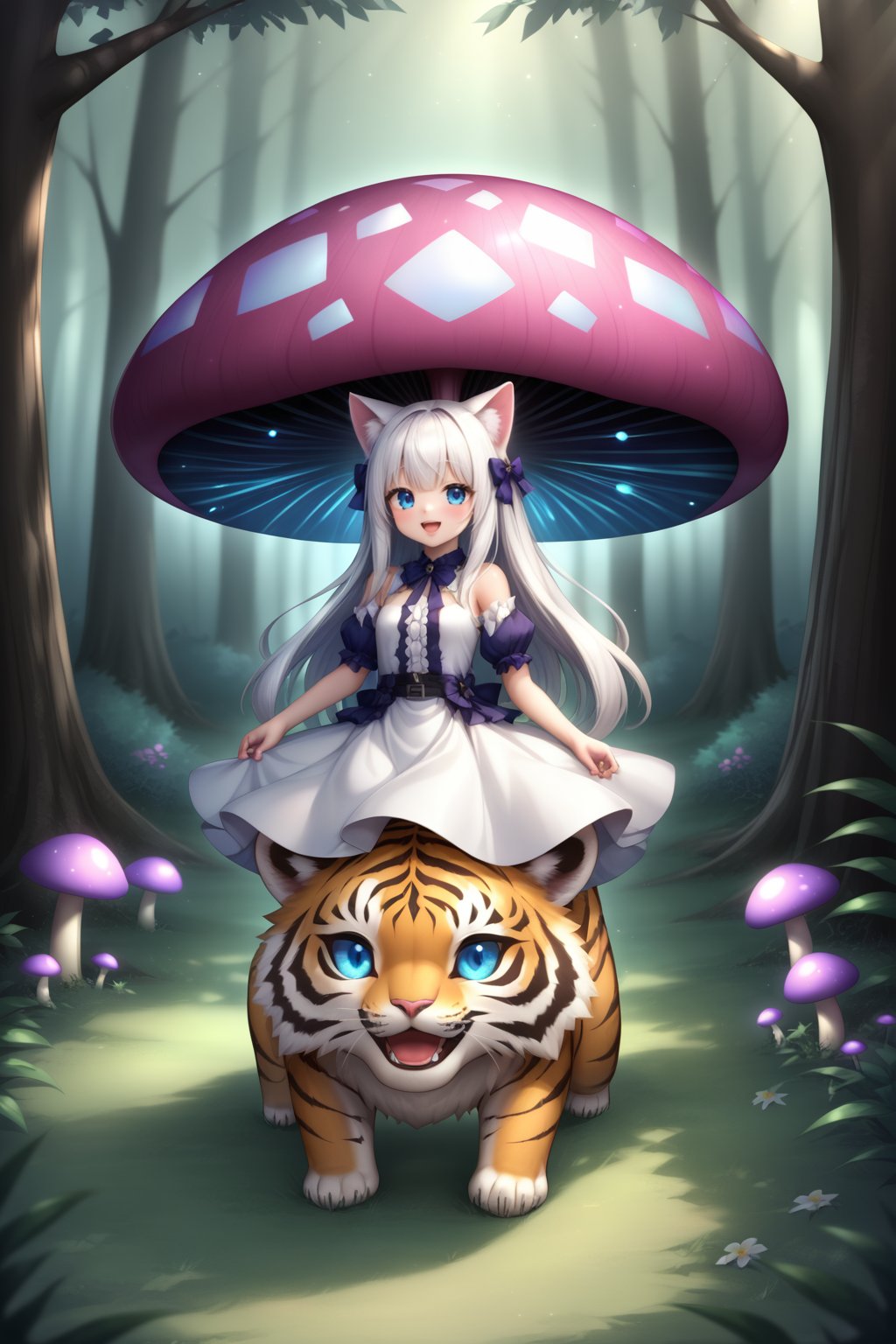 bad cat girl|
a young anime girl with Japanese features|
long white hair|
blue eye lenses|
smiling expression|
a gothic white dress and white heels|
riding on a tiger|
At midnight|
Japanese style|
Glowing Mushroom Forest| 
glow and bioluminescence|
full body,