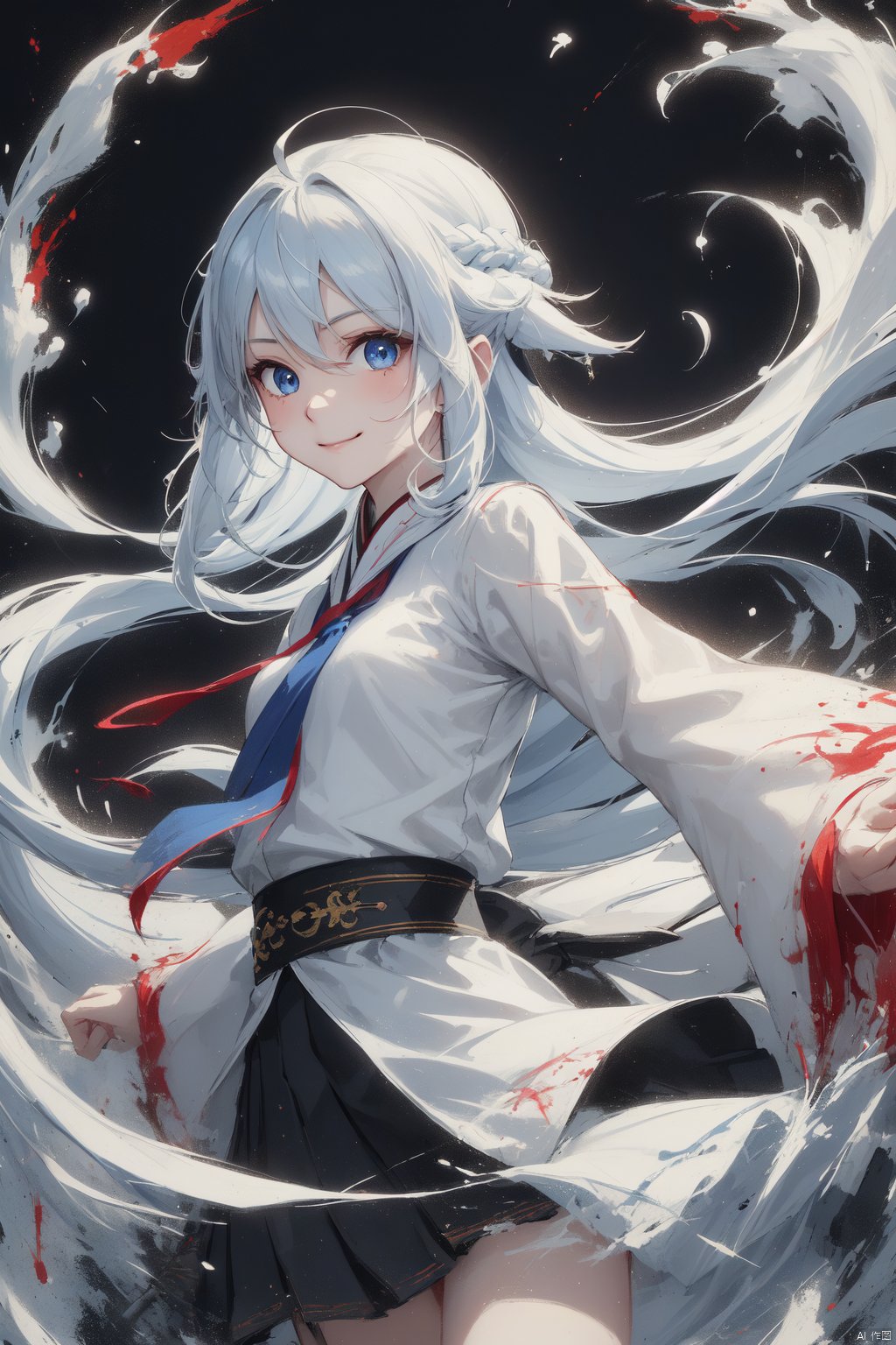  1girl, solo, long hair, looking at viewer, smile, bangs, blue eyes, skirt, shirt, long sleeves, hair between eyes, very long hair, closed mouth, school uniform, blue hair, standing, white shirt, ahoge, white hair, multicolored hair, pleated skirt, necktie, sky, sdmai, smwuxia Chinese text blood weapon:sw, wuxia,blood splatter motion blur