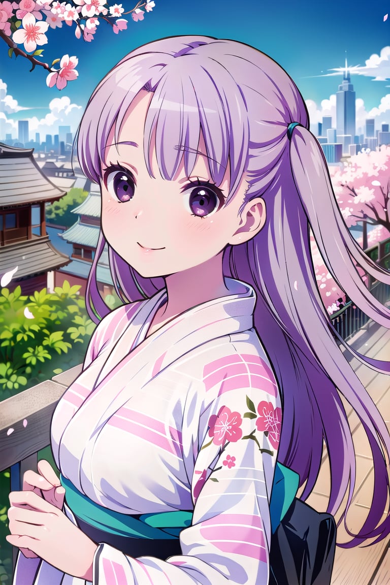 (masterpiece:1.3),best quality,Perfect Beauty Score: 1.5, 1girl,school uniform,Purple hair, long hair, pink yukata,,happy face,Cherry blossoms, an observatory overlooking the city, a girl looking at the city from the observatory,full_body,Light pink kimono, strong wind, fluttering hair