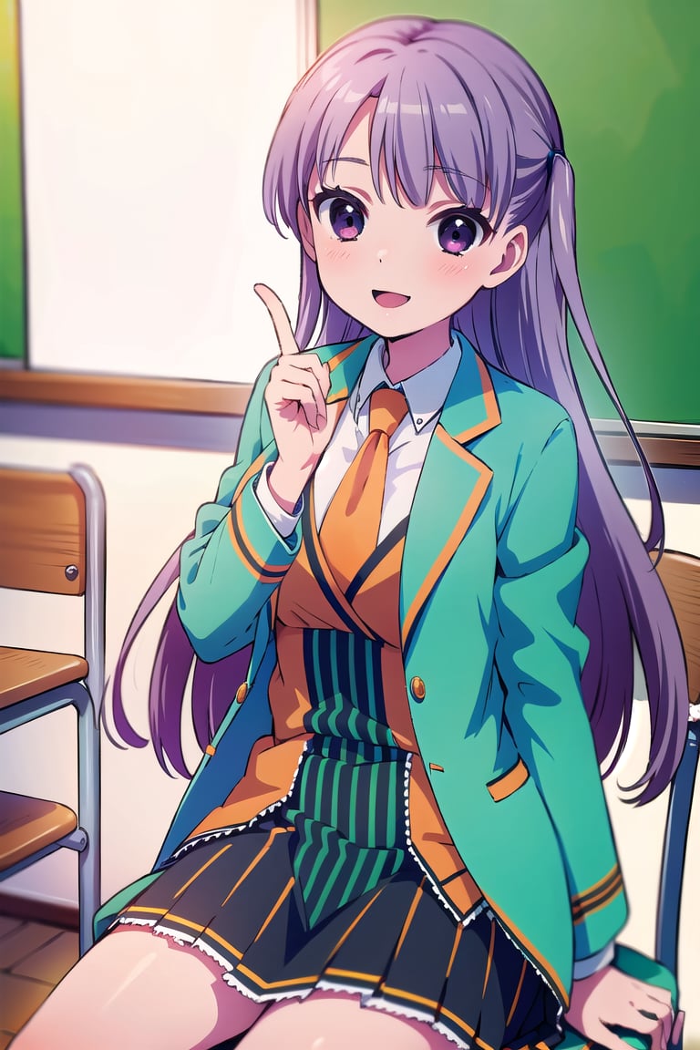 (masterpiece:1.3),best quality,Perfect Beauty Score: 1.5, 1girl,school uniform,Purple hair, long hair, index finger, orange tie, Blue-green jacket, Skirt with green and black vertical stripes,,happy face,white suit,Sitting, school classroom