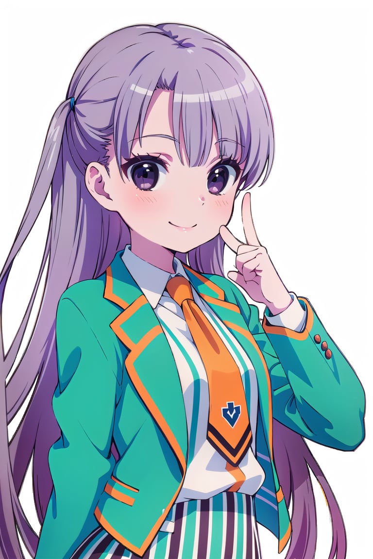 (masterpiece:1.3),best quality,Perfect Beauty Score: 1.5, 1girl,school uniform,Purple hair, long hair, index finger, orange tie, Blue-green jacket, Skirt with green and black vertical stripes,,happy face,white suit,((empty_bg)),blank_background,pink hart mark