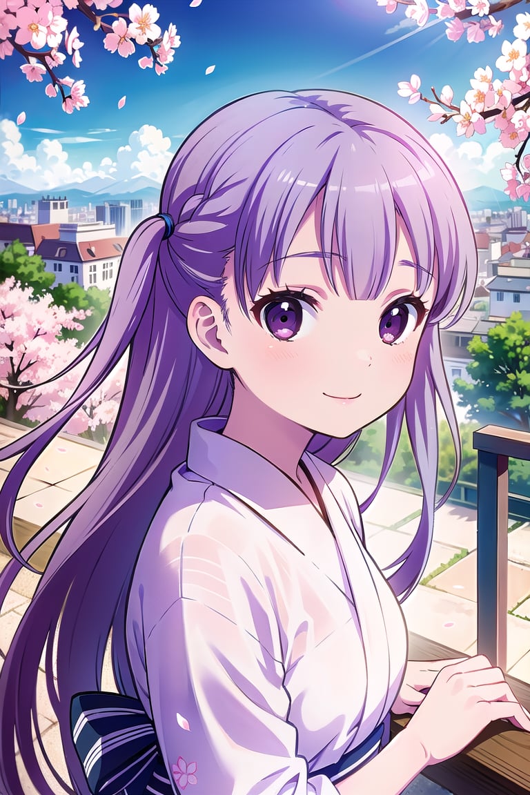 (masterpiece:1.3),best quality,Perfect Beauty Score: 1.5, 1girl,school uniform,Purple hair, long hair, pink yukata,,happy face,Cherry blossoms, an observatory overlooking the city, a girl looking at the city from the observatory,fountain