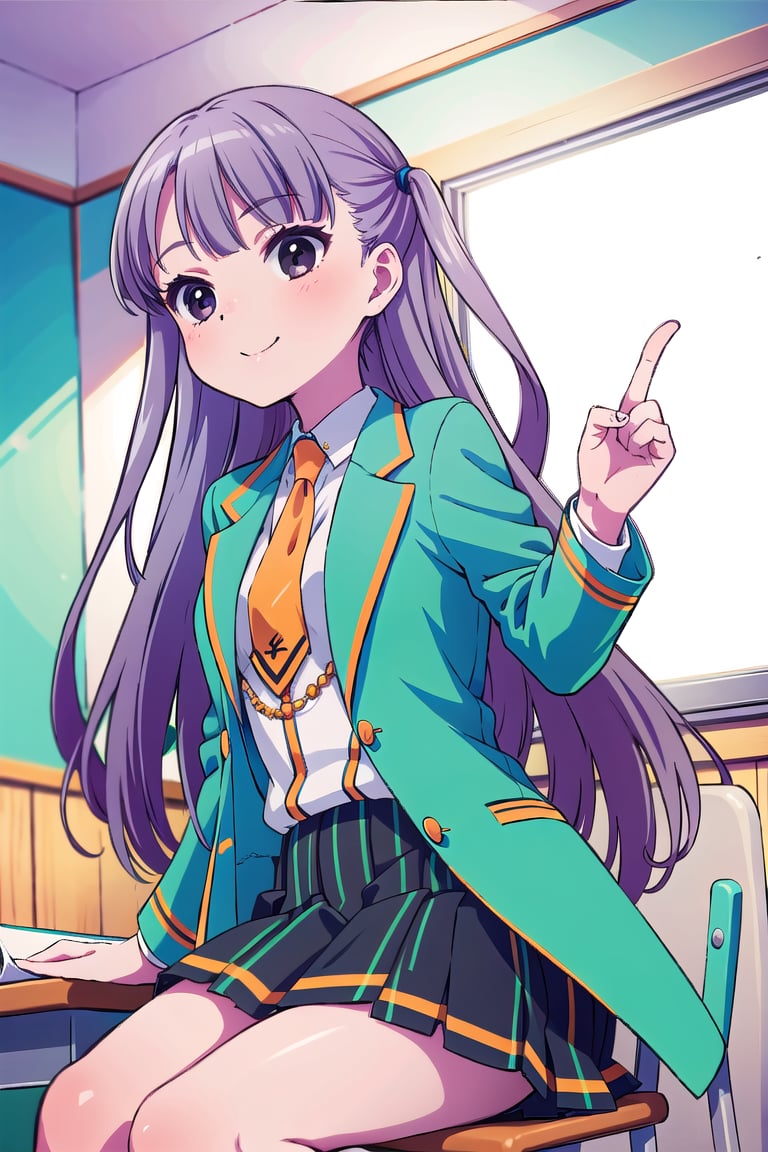 (masterpiece:1.3),best quality,Perfect Beauty Score: 1.5, 1girl,school uniform,Purple hair, long hair, index finger, white suit,orange tie, Blue-green jacket, Skirt with green and black vertical stripes,,happy face,white suit,Sitting, school classroom