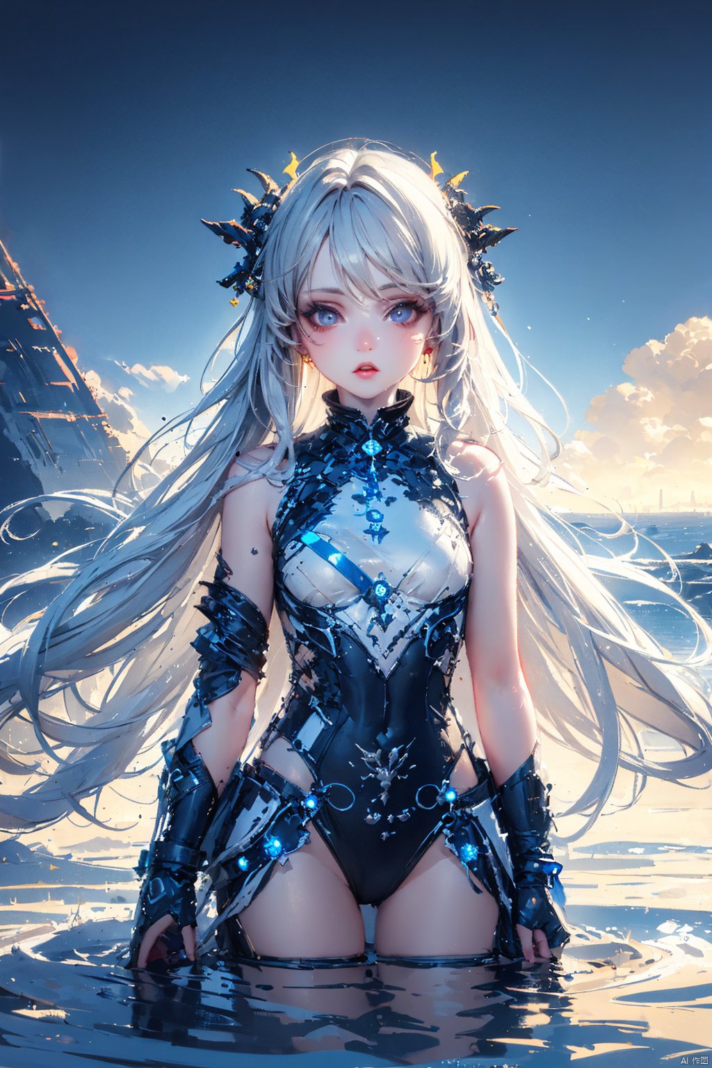  ((masterpiece)), ((best quality)), ((illustration)), extremely detailed,style girl, long shot, small breast,light grey very_long_hair, scifi hair ornaments, beautiful detailed deep eyes, beautiful detailed sky, beautifuldetailed water, cinematic lighting, (/qingning/), (\MBTI\), babata