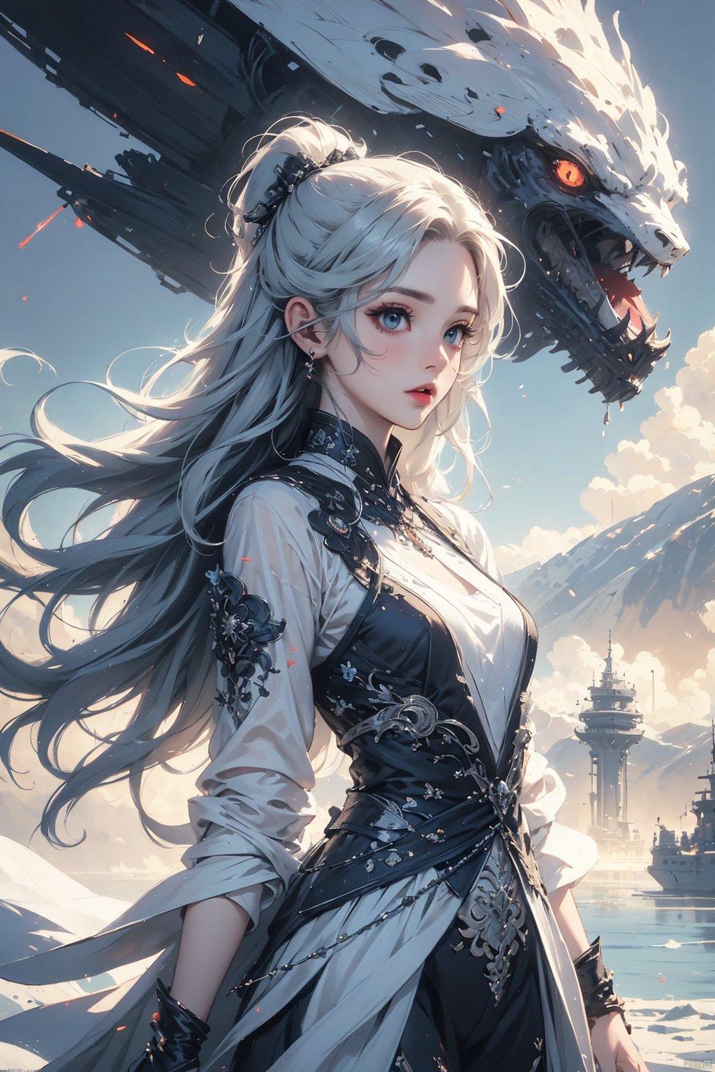  ((masterpiece)), ((best quality)), ((illustration)), extremely detailed,style girl, long shot, small breast,light grey very_long_hair, scifi hair ornaments, beautiful detailed deep eyes, beautiful detailed sky, beautifuldetailed water, cinematic lighting, (/qingning/), (\MBTI\), babata