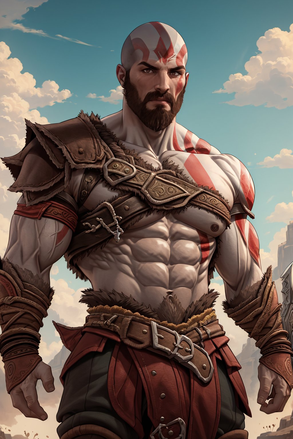 ((masterpiece,best quality)), kratos (god of war), 1boy, muscular, facial hair, bald, scar, beard, looking at viewer,