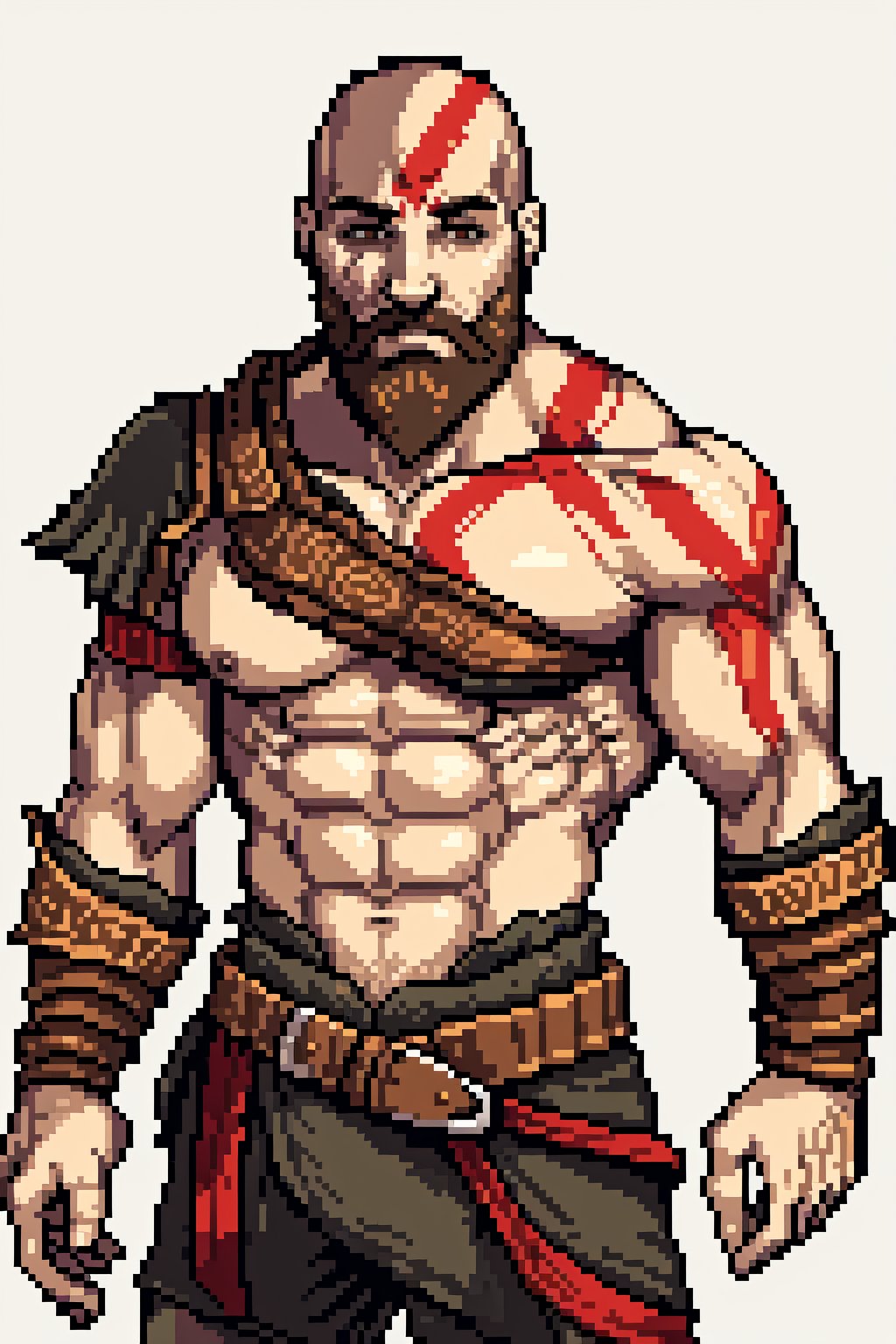 ((masterpiece,best quality)), kratos (god of war), 1boy, muscular, facial hair, bald, scar, beard, bodypaint, looking at viewer,Pixel art