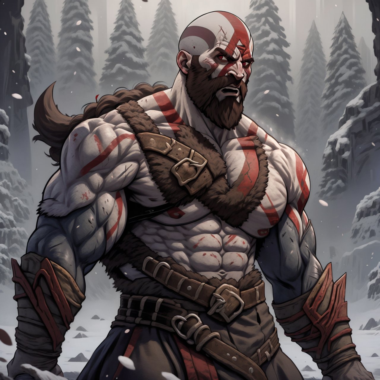 ((masterpiece,best quality)), kratos (god of war), 1boy, muscular, facial hair, bald, scar, beard, looking at viewer, serious, ((pale skin)), scream