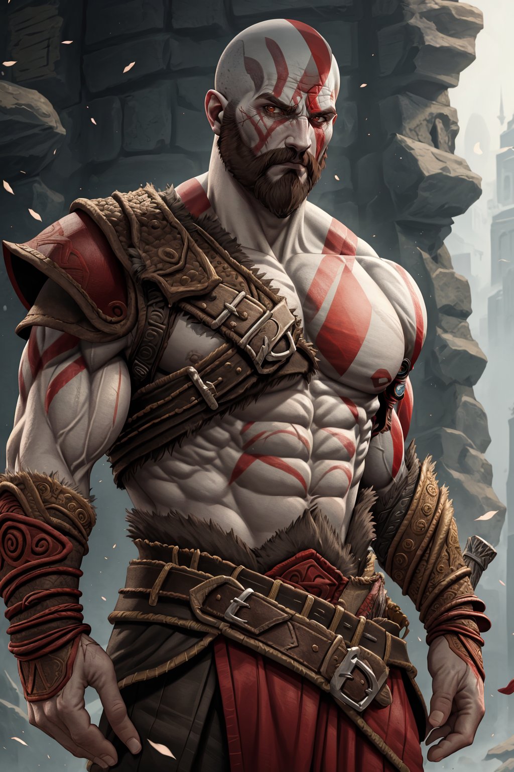 ((masterpiece,best quality)), kratos (god of war), 1boy, muscular, facial hair, bald, scar, beard, looking at viewer, serious, ((pale skin))