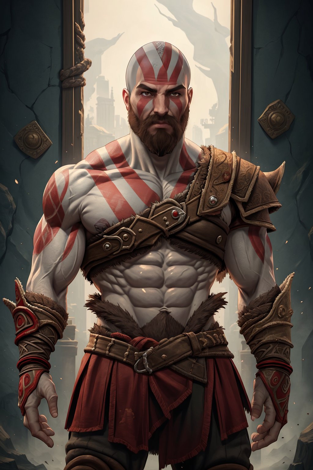 ((masterpiece,best quality)), kratos (god of war), 1boy, muscular, facial hair, bald, scar, beard, bodypaint, looking at viewer,