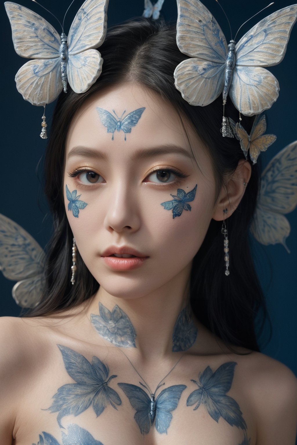 (ultra realistic,best quality),photorealistic,Extremely Realistic, in depth, cinematic light,butterfly\(hubggirl)\,

a ceramic of a white, blue and gold woman, in the style of tattoo-inspired, detailed facial features, asian-inspired, extravagant, body art, dreamlike installations, close up,

intricate background, realism,realistic,raw,analog,portrait,photorealistic,