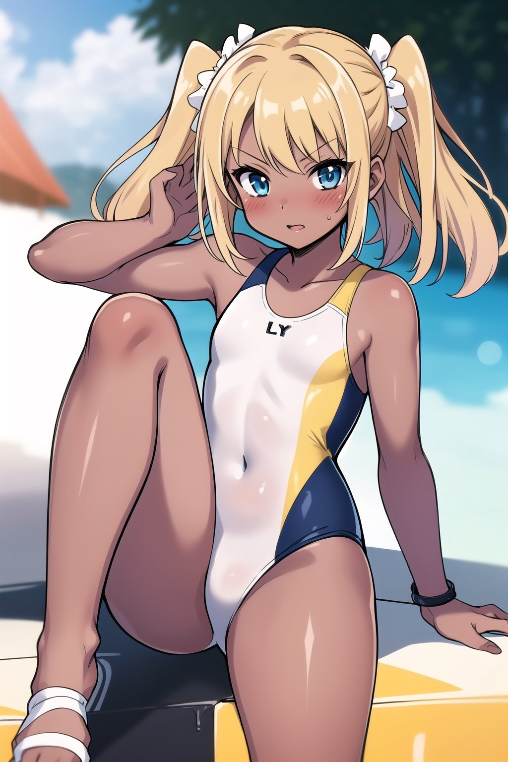 brown skin, LilyR, blue eyes, twin_tails, small breast,  yellow hair,dark skin, blushing, yellow one piece swimsuit. 1girl, 